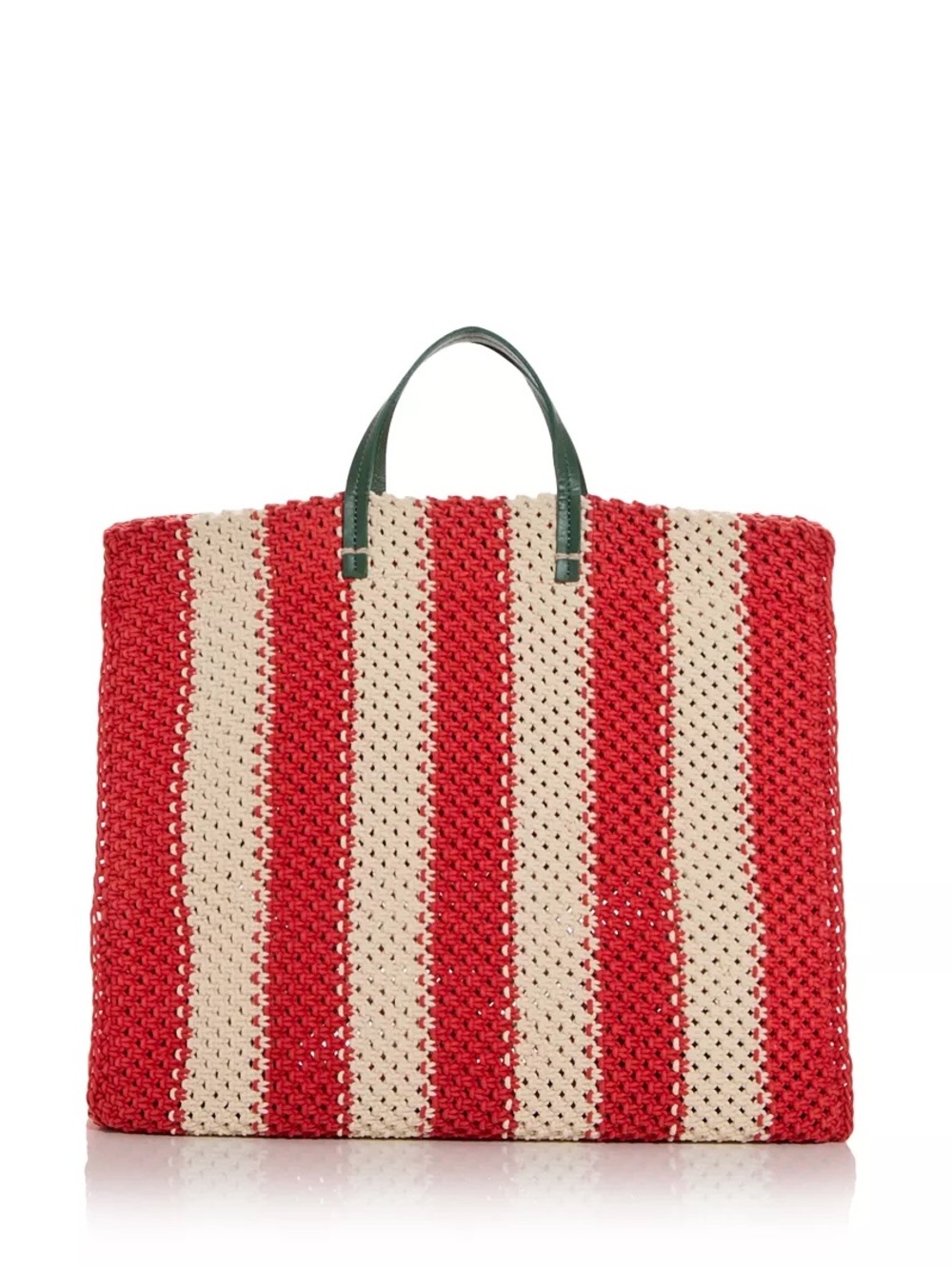 Clare V. Striped Red and Cream Woven Tote Bag with Green Handles